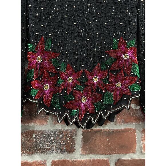 Vintage Laurence Kazar Black Beaded Silk Top Poinsettia Flowers Size Large - Picture 4 of 9